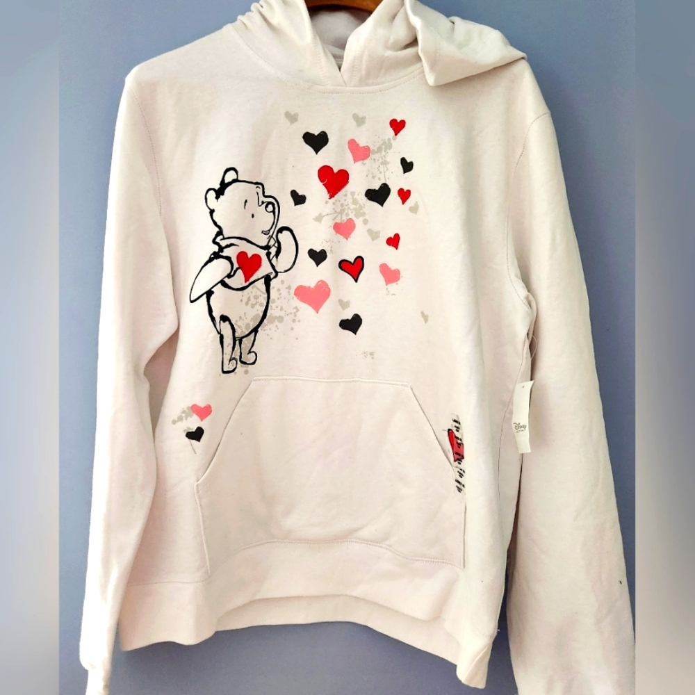DISNEY WINNIE THE POOH WHITE POUCH SWEATSHIRT PULLOVER HOODIE LADIES XL